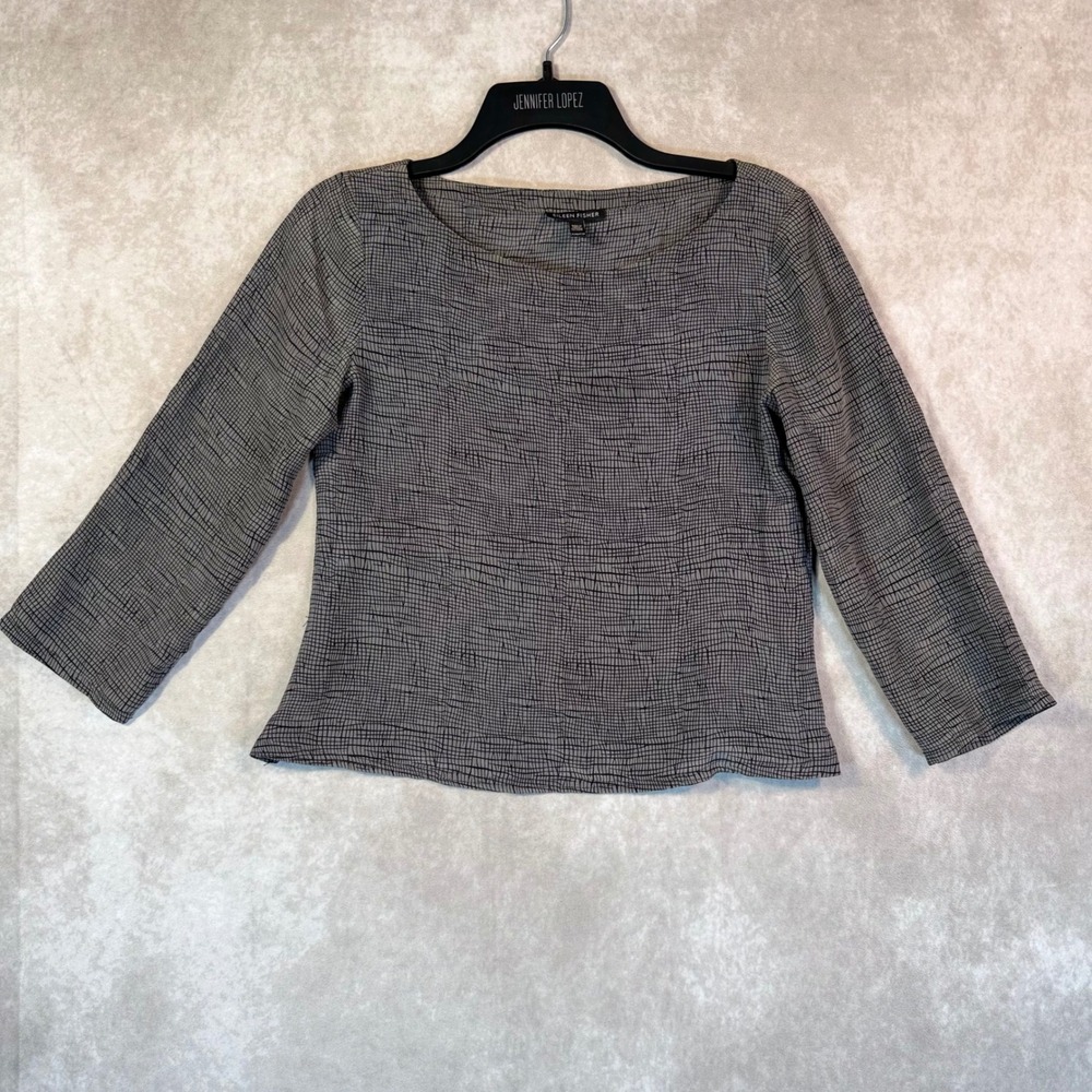 Eileen Fisher Top Women XXS Grey Black Grid 3/4 Sleeve Boat Neck Minimalist